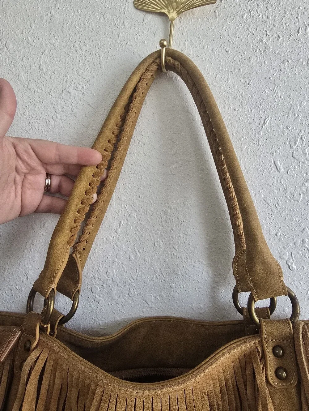 NWT Wrangler Tan Fringe Western Boho Shoulder Tote Bag Whipstitch Purse